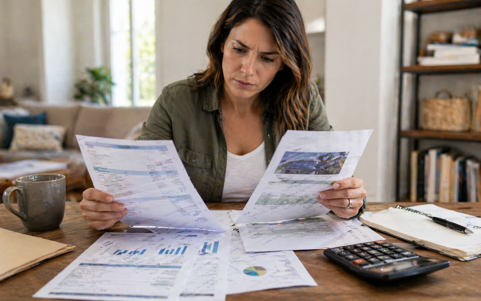 Homeowner comparing utility bill solar loan statement and savings estimate