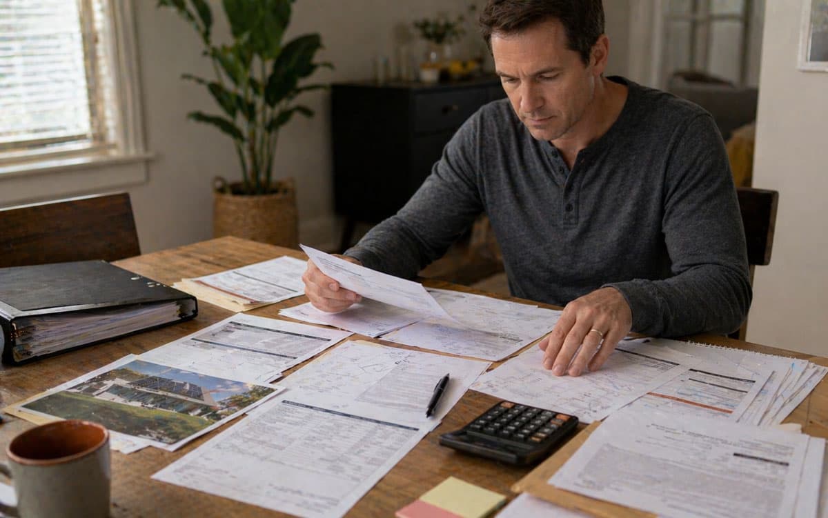 Homeowner reviewing solar contract loan paperwork and warranty documents