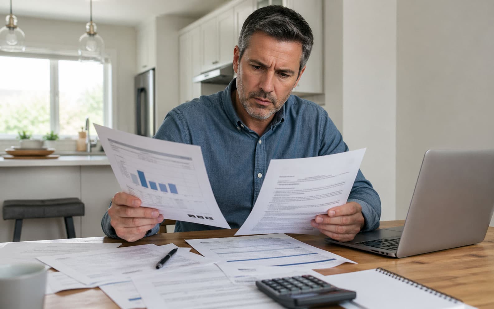 Solar contract paperwork with bankruptcy notice and loan documents on a desk