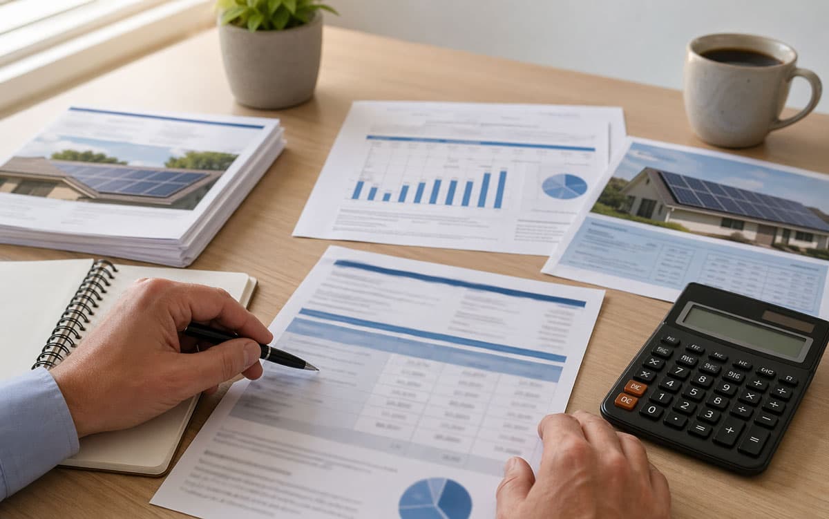 Solar tax credit paperwork and contract documents on a desk