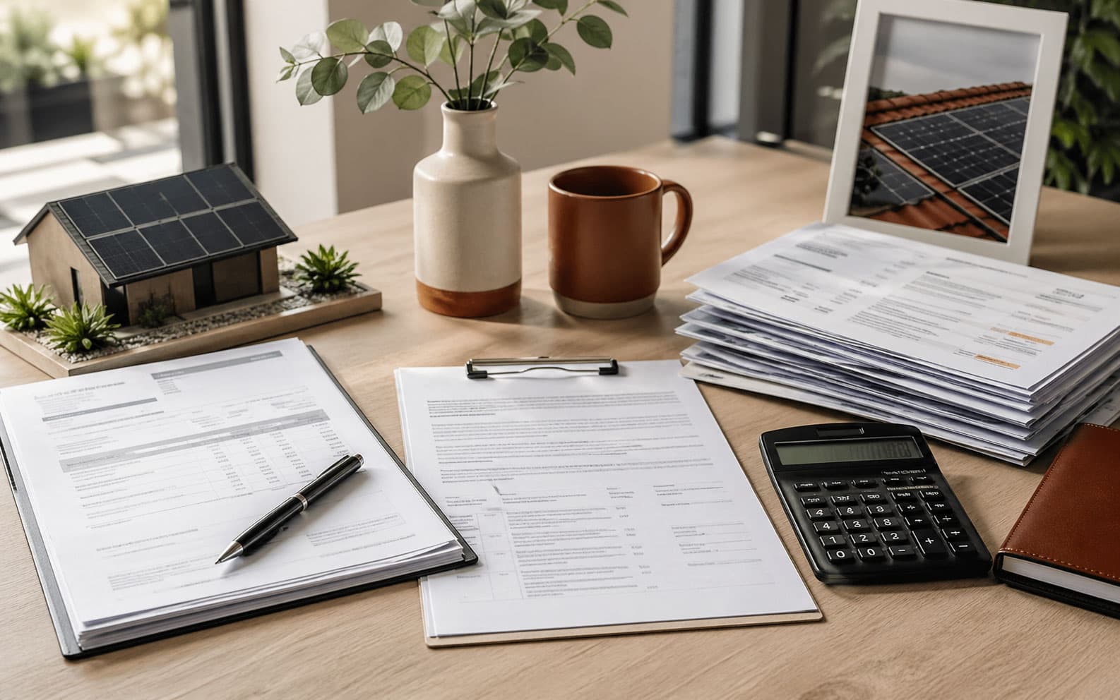 Solar loan documents and monthly bills on a desk