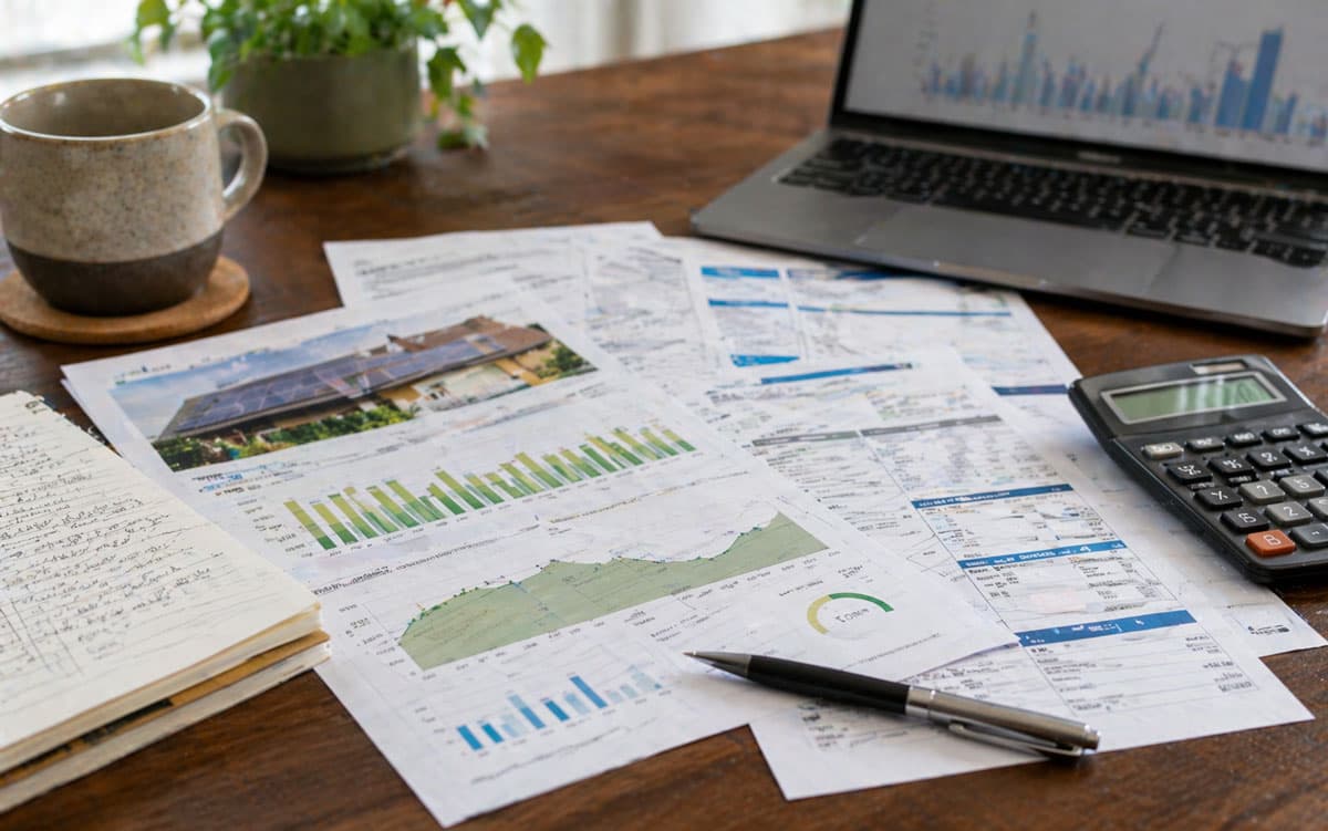 Solar monitoring report beside utility bill and payment paperwork