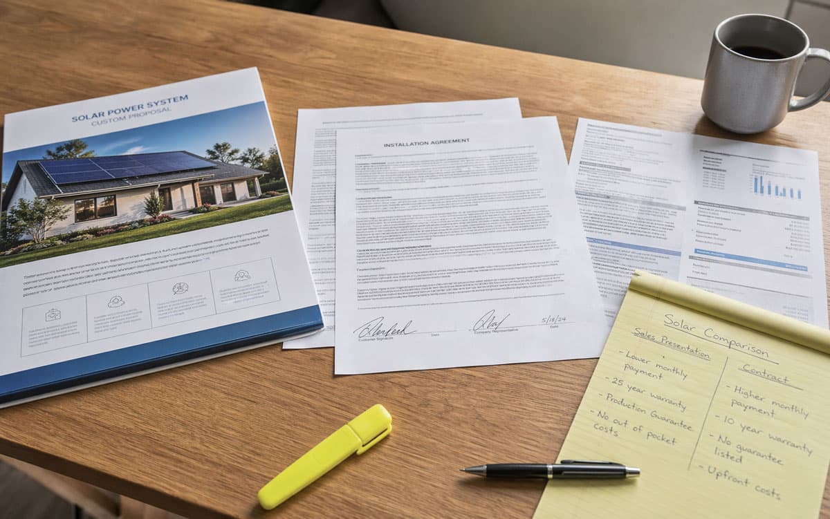 Solar loan documents, bankruptcy notice, and payment statement on a desk