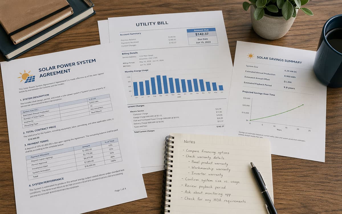 Solar contract paperwork with bankruptcy notice and loan documents on a desk