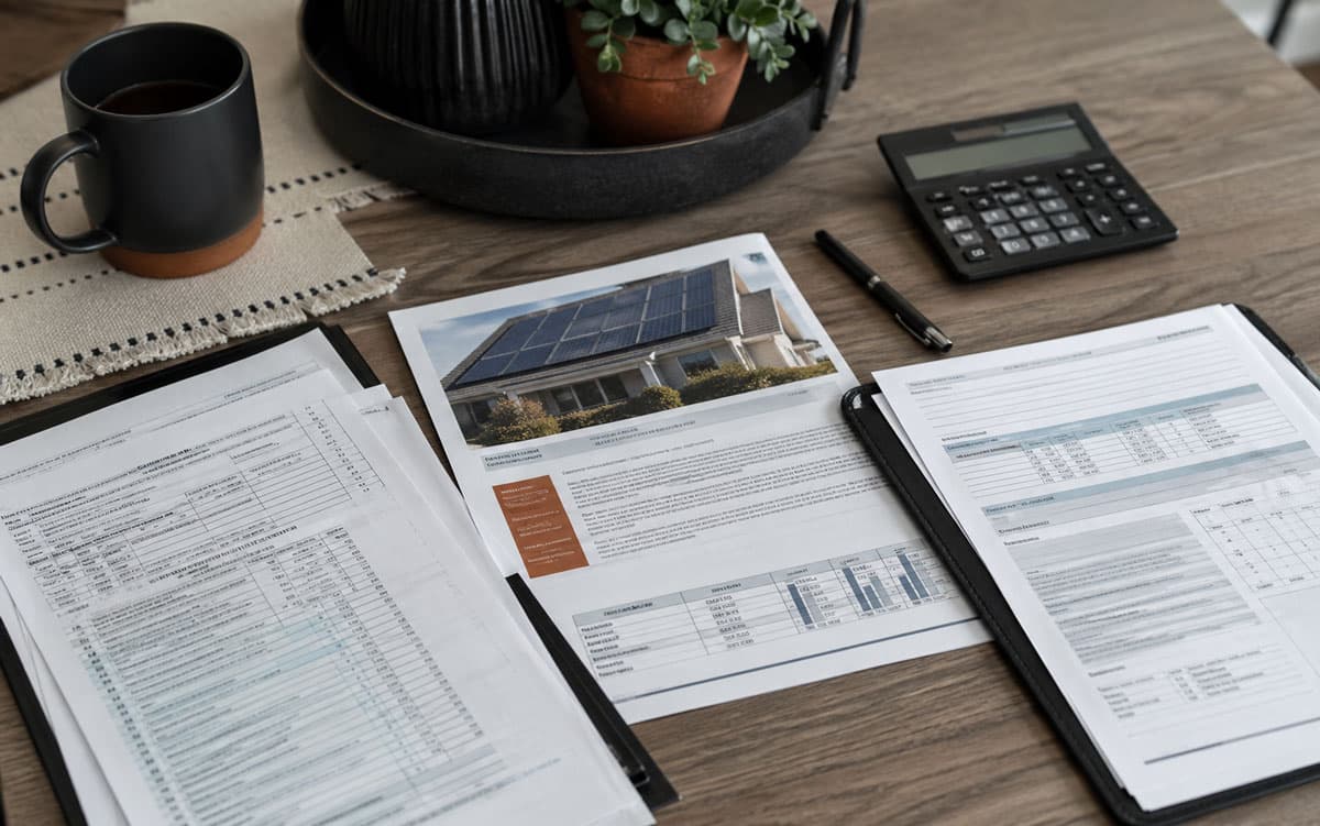 Solar tax forms and contract paperwork on a desk