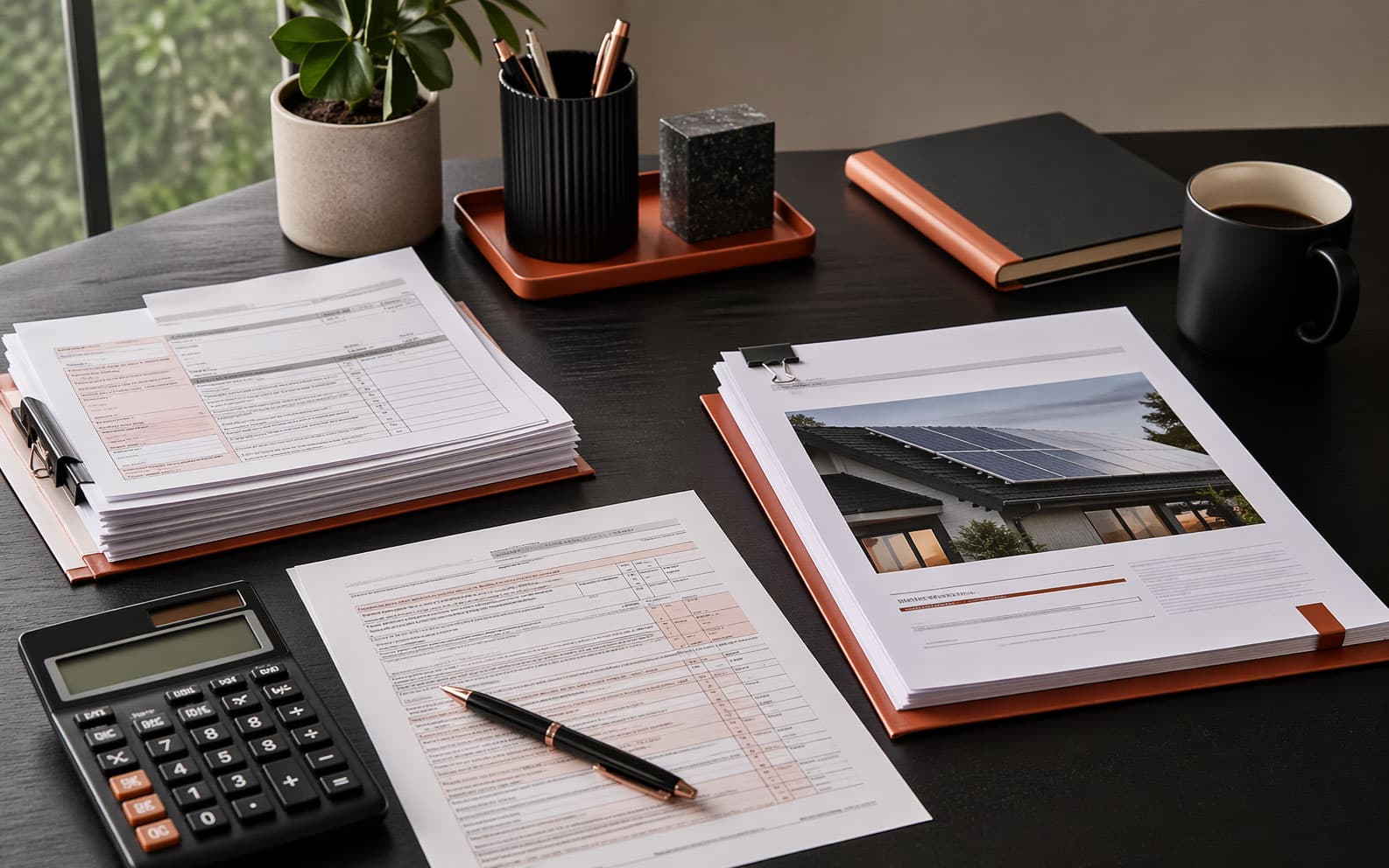 Solar tax credit paperwork and contract documents on a desk