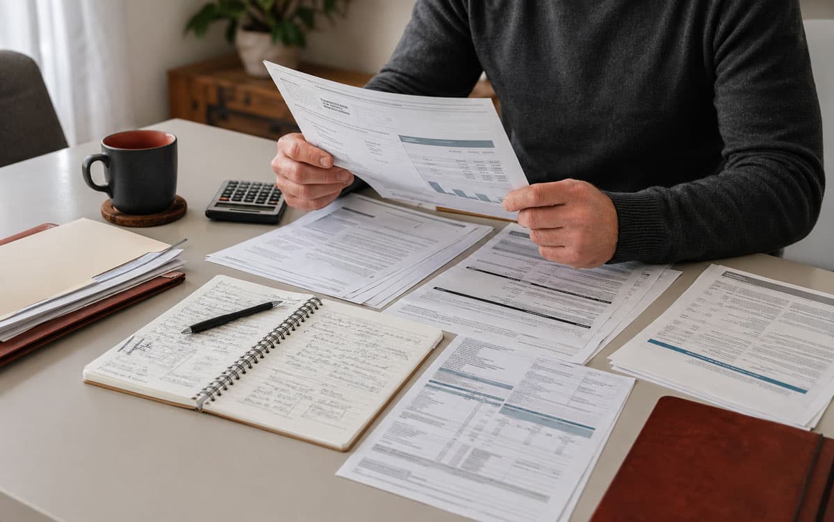Tax forms and solar contract beside utility bill