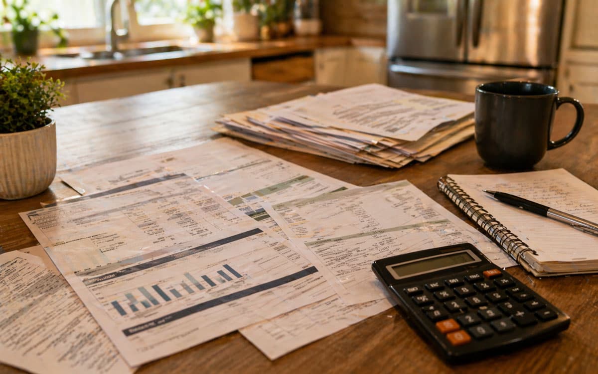Utility bill and solar payment statement on a table