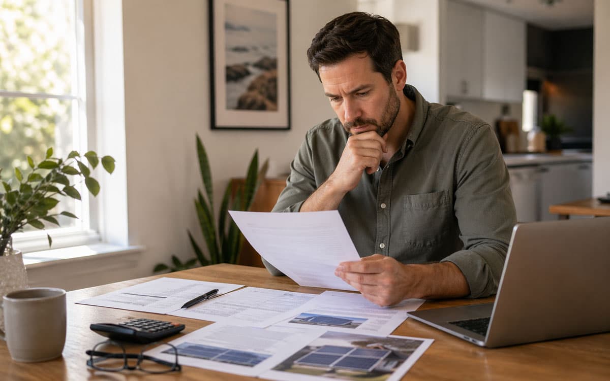 Homeowner reviewing solar contract paperwork at a table
