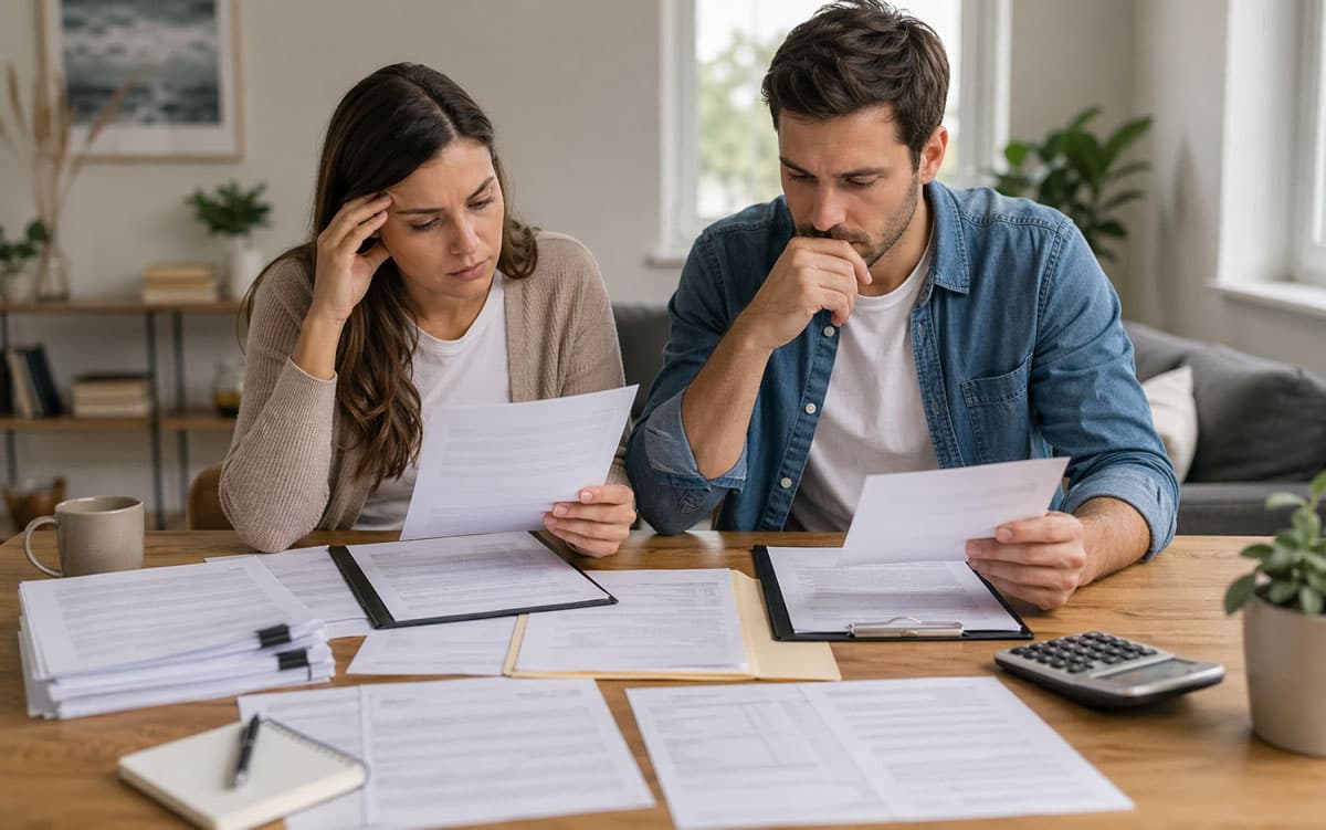 Homeowner reviewing solar transfer and sale paperwork at a table