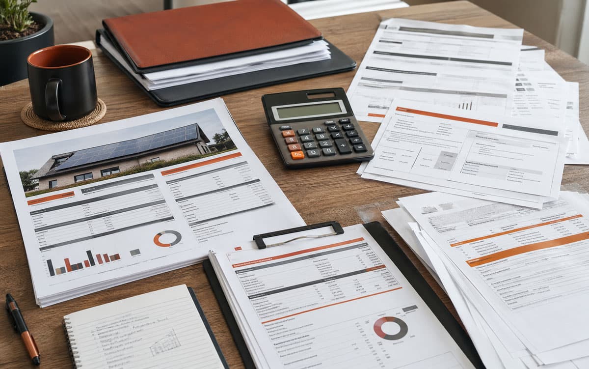 Solar loan paperwork bills and calculator on a desk