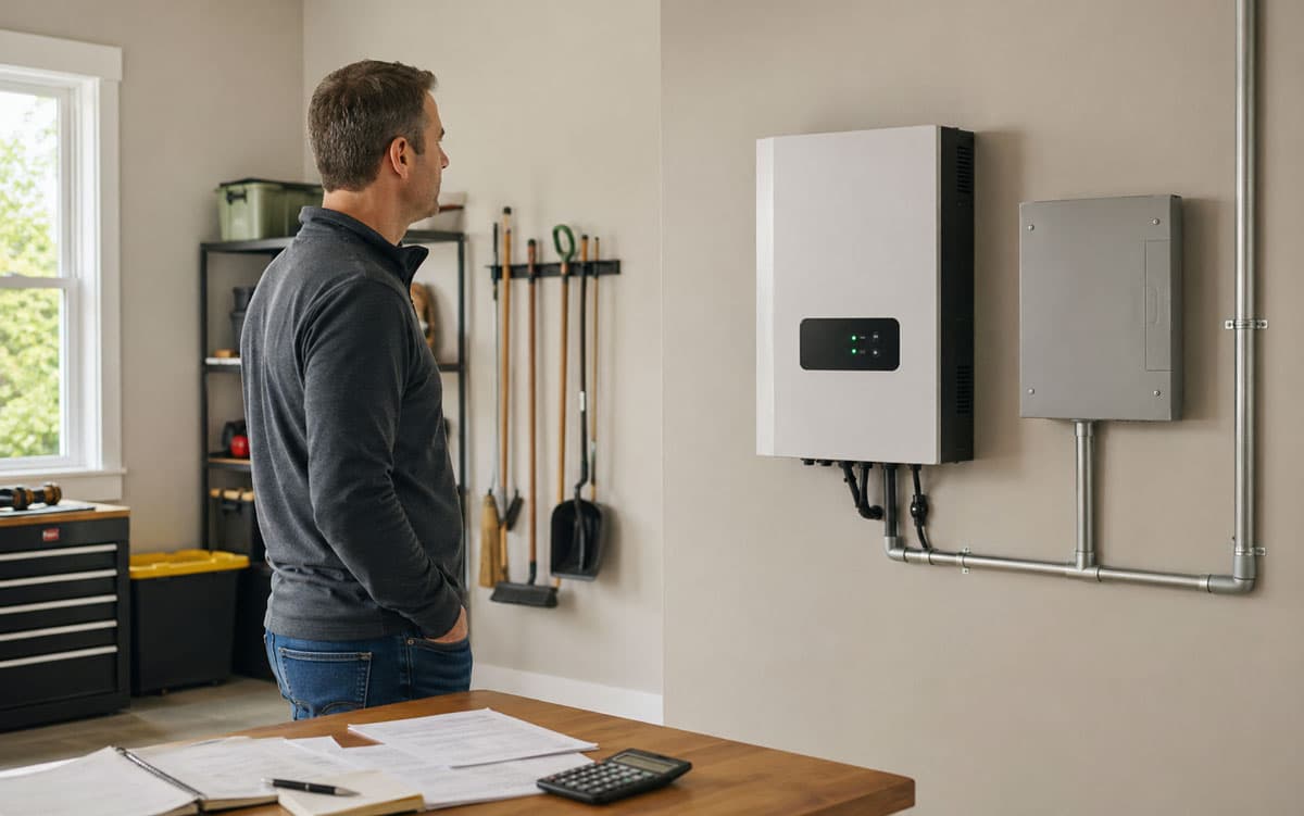Homeowner checking solar inverter status and paperwork
