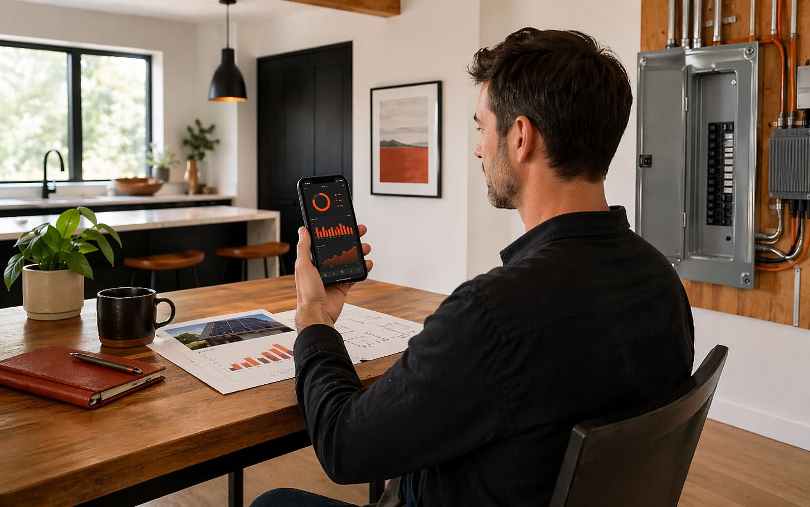 Homeowner reviewing solar panel monitoring app
