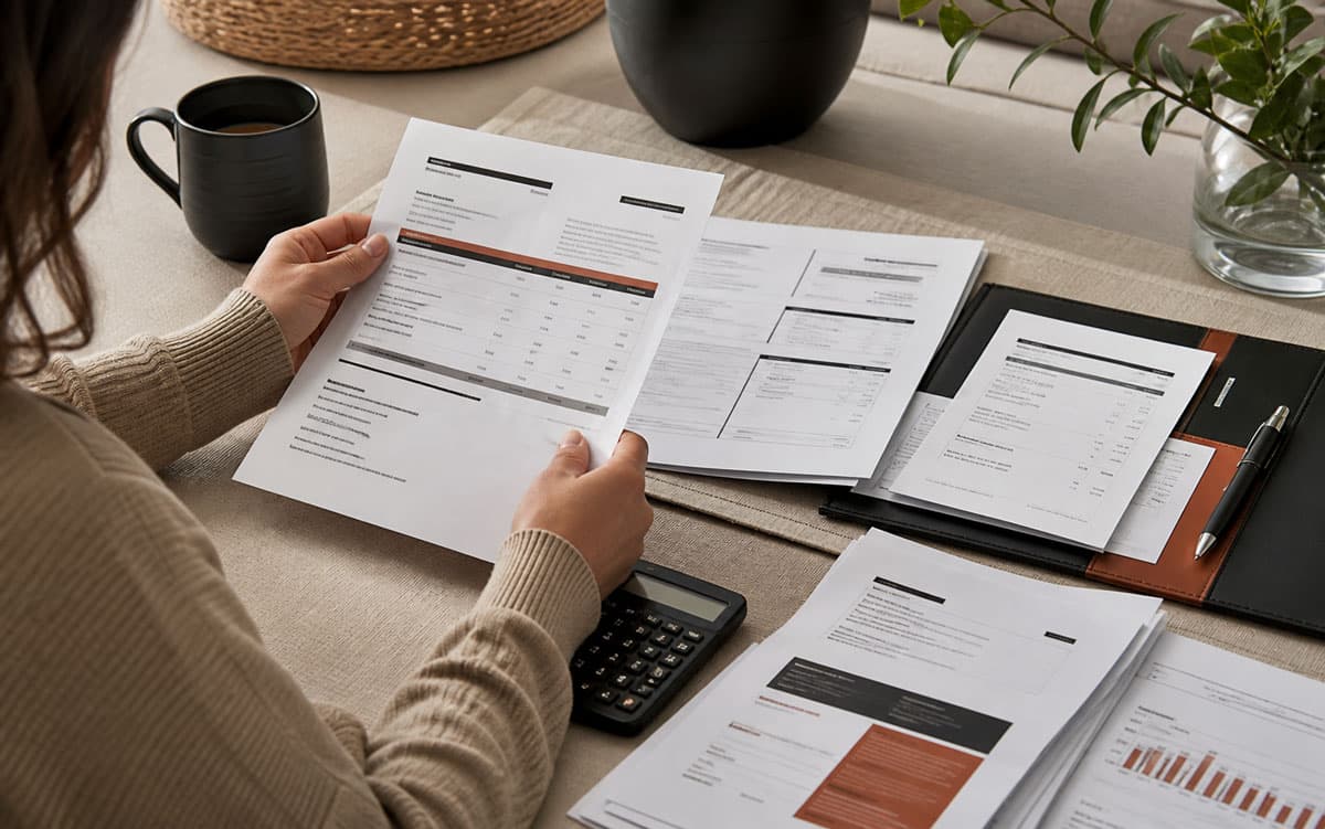 Solar loan statements, company notices, and payment records on a table