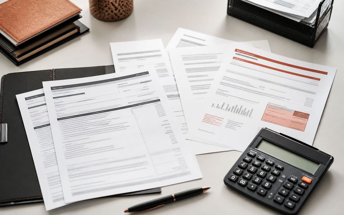 Solar contract, payment notices, and calculator spread across a table