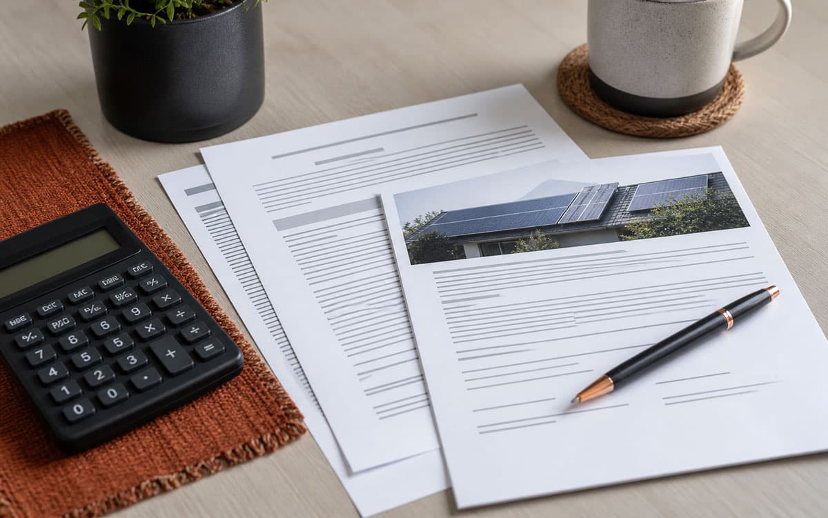 Solar contract pages and calculator on a table