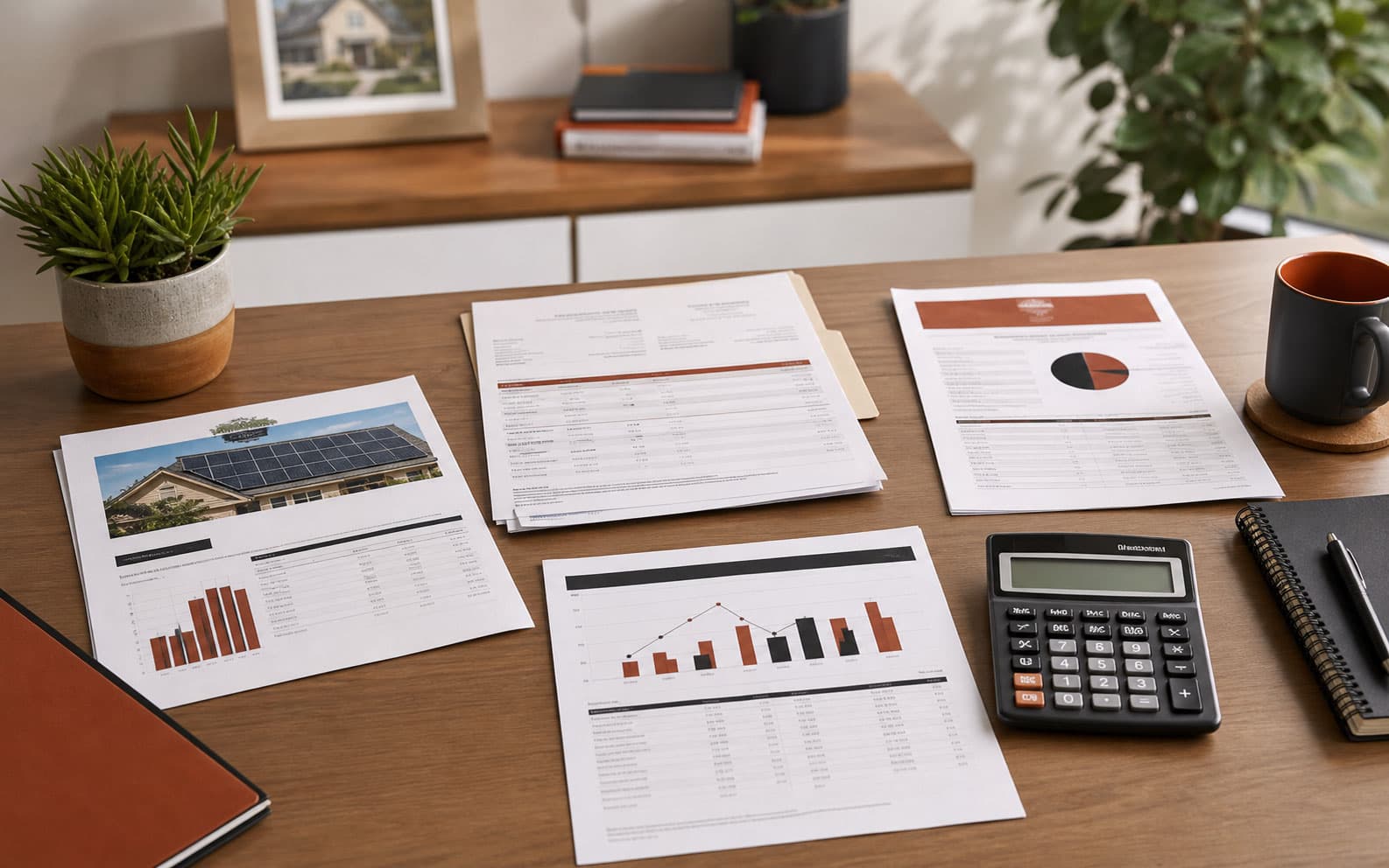 Solar payment schedule, contract pages, and calculator on a table