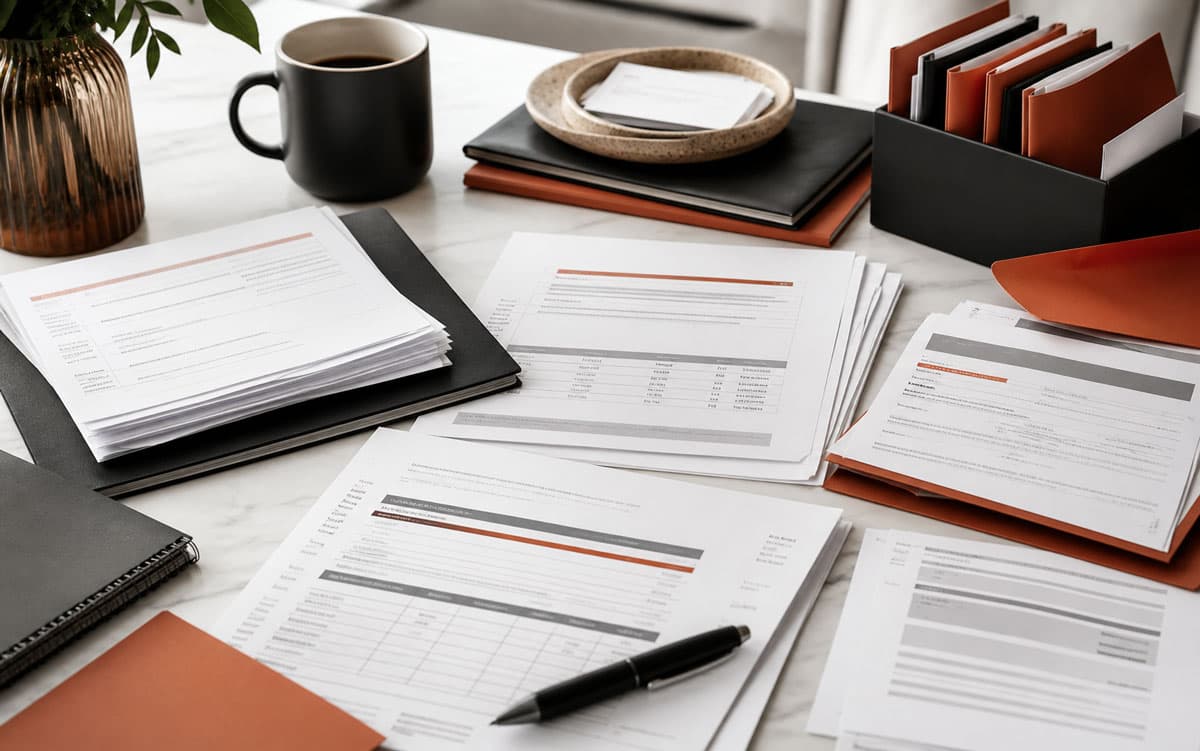 Loan transfer letters, account notes, and payment records spread across a table