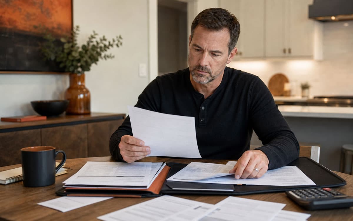 Homeowner reviewing new payment notices and solar loan paperwork