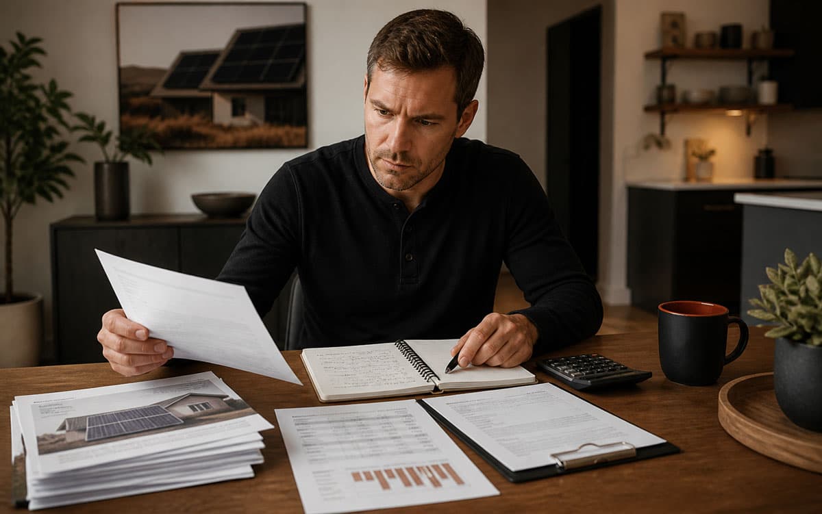 Homeowner reviewing solar payment schedule and notes