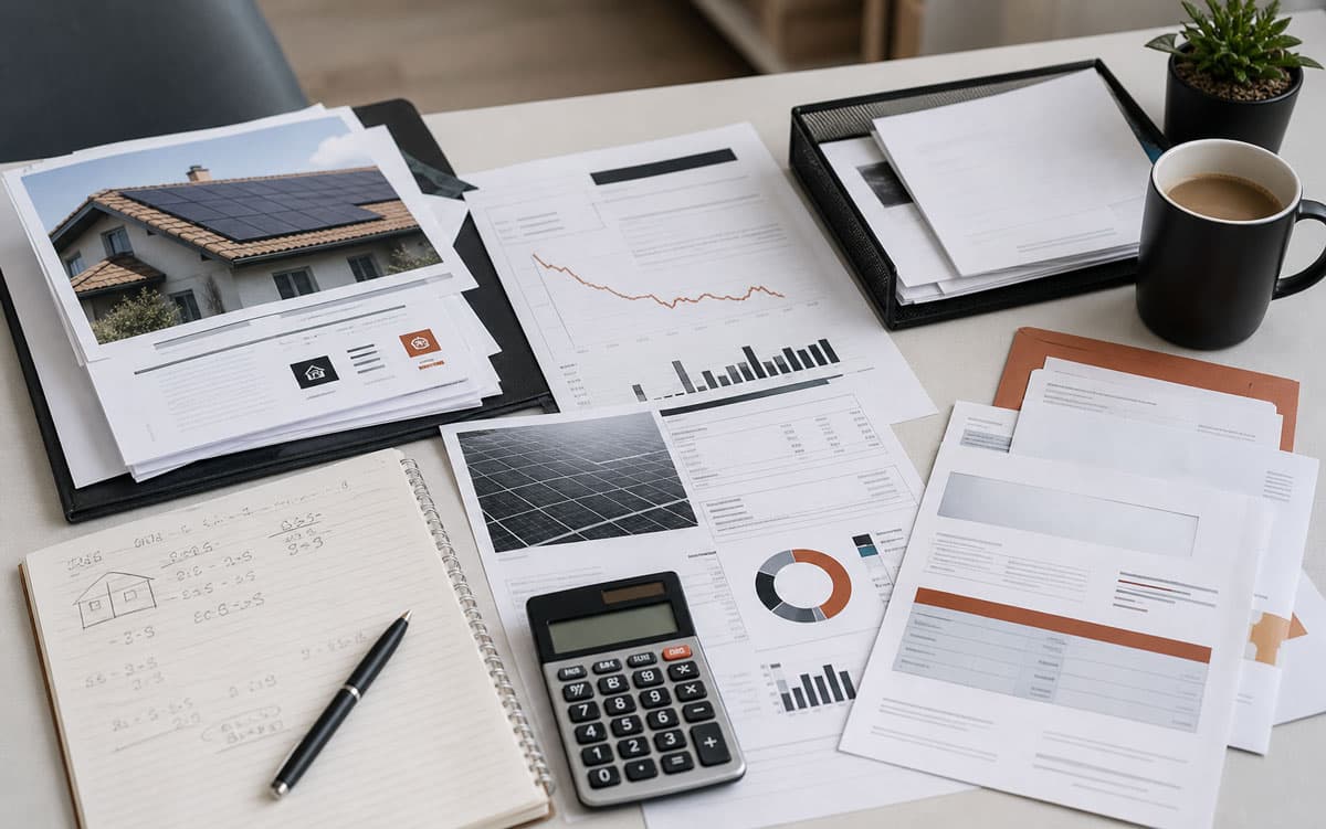 Close-up of solar proposal documents and calculator on a home table