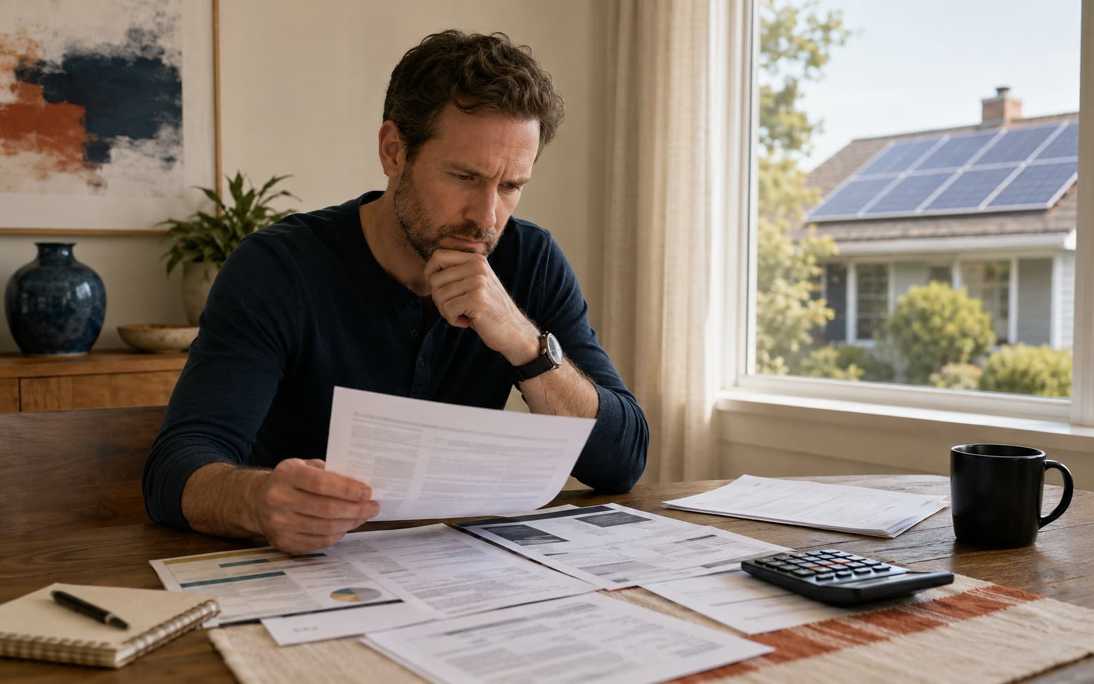 Homeowner reviewing solar contracts, loan documents, utility bills, and tax-credit estimates at a dining table
