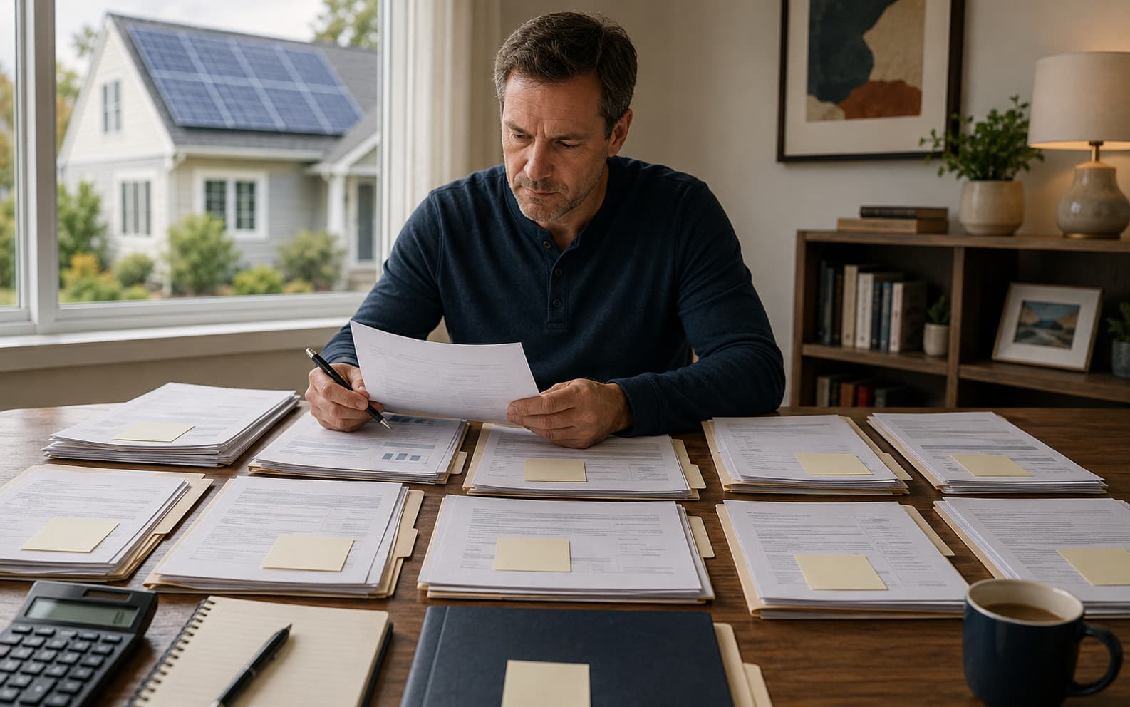 Organized solar contract file with financing records, bills, sales materials, and service documents